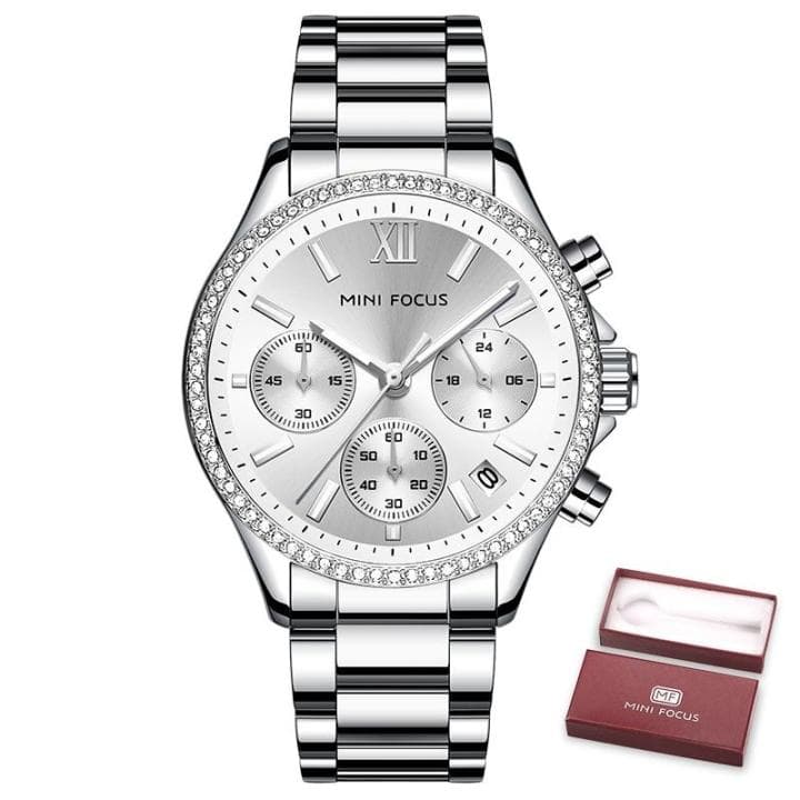 Reloj de Cuarzo de Moda para Mujer MINI FOCUS, Luminoso, con Calendario, Correa de Acero Inoxidable, Resistente al Agua 30M, Elegante Reloj de Pulsera