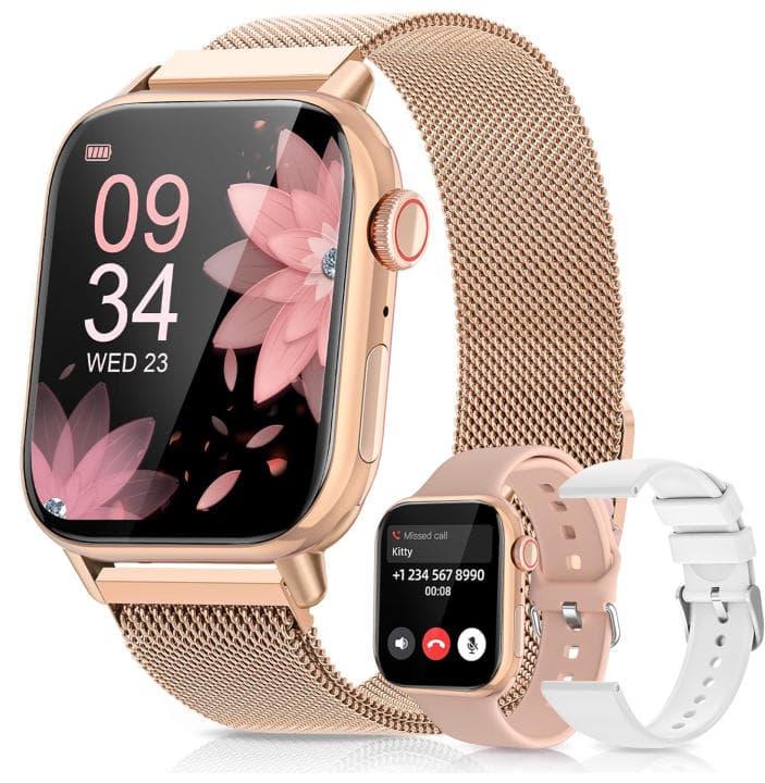 Reloj Inteligente Deportivo para Mujer y Hombre, Pantalla de 2.05'', Llamadas Bluetooth, Asistente de Voz, Notificaciones de Mensajes, Monitor de Frecuencia Cardíaca, Monitor de Sueño, Smartwatch con 3 Correas