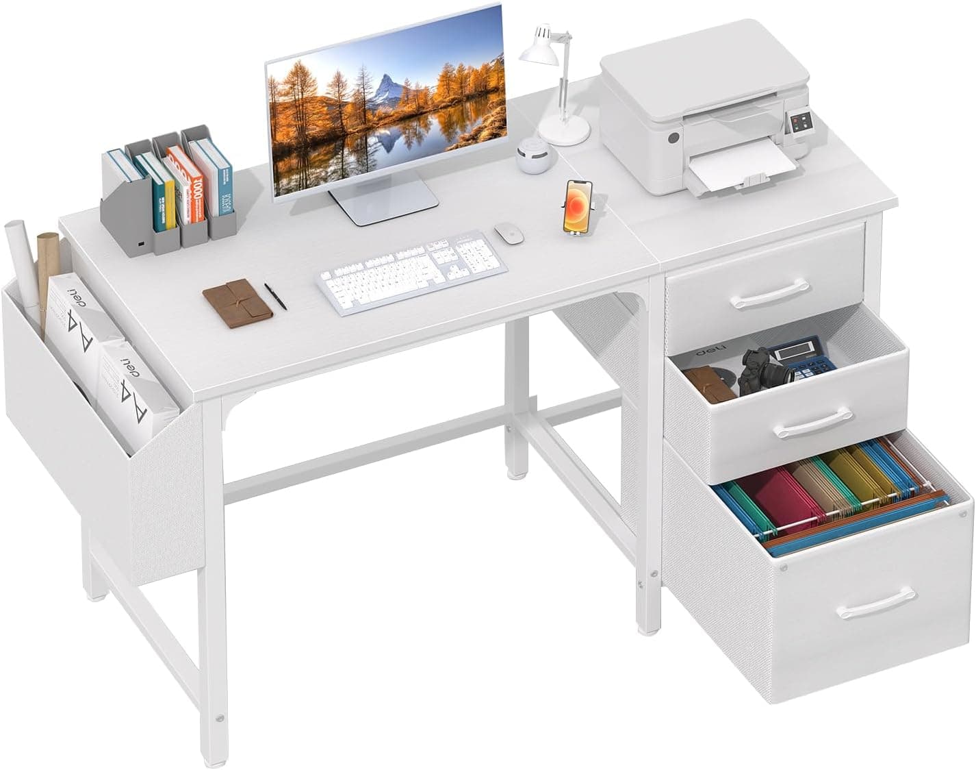 Lufeiya Mesa Escritorio Blanco con 3 Cajones Mesa Escritorio Ordenador Pequeña 120CM para Oficinas Gaming Nña Juveniles
