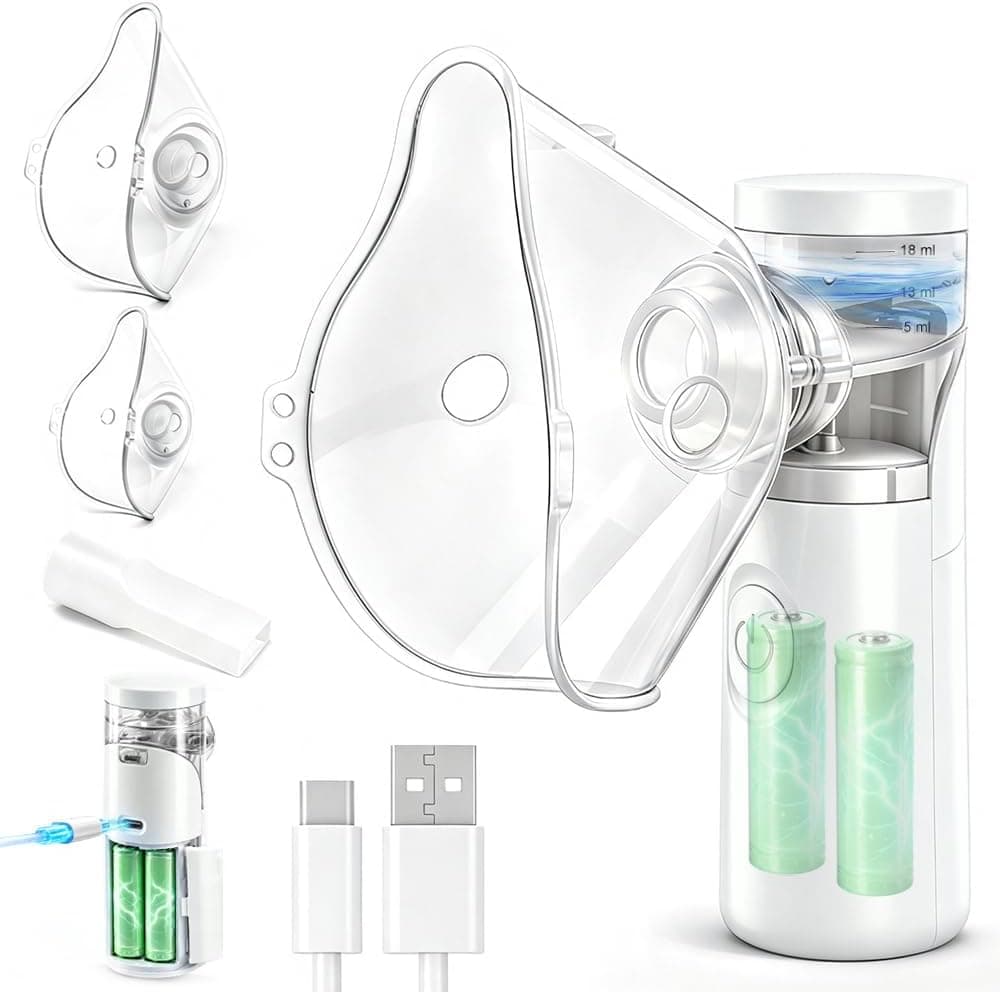Nebulizador portátil silencioso recargable,atomización y absorción eficientes, adecuados para adultos y niños,accesorios con 2 máscaras y 1 boquilla,uso familiar y viajes (Blanco Luna)