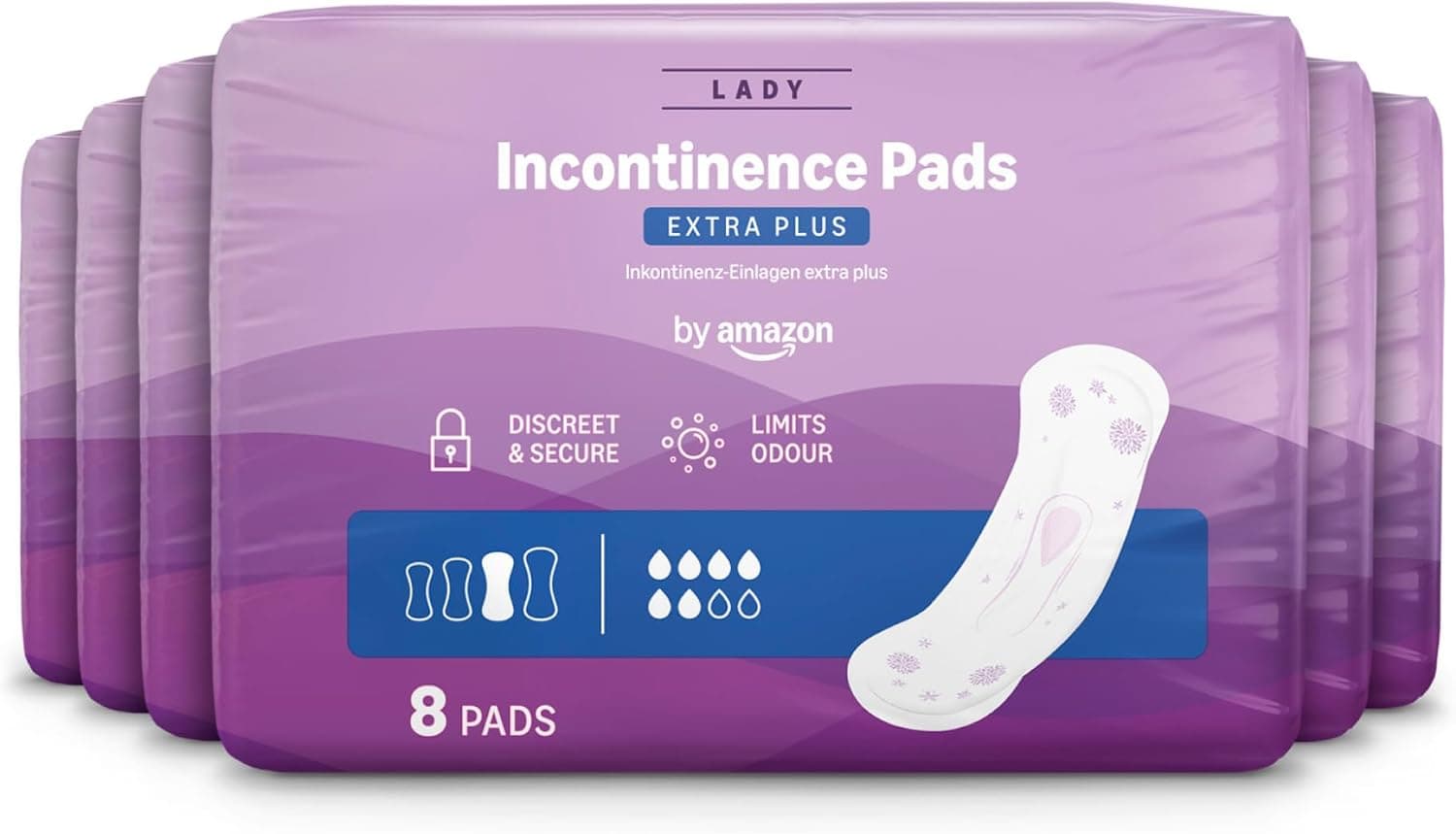 by Amazon Compresas de Incontinencia para Adultos de Tamaño Extra Plus, 48 Compresas de Incontinencia (6 Paquetes de 8 Compresas), Embalaje Individual, sin Perfume