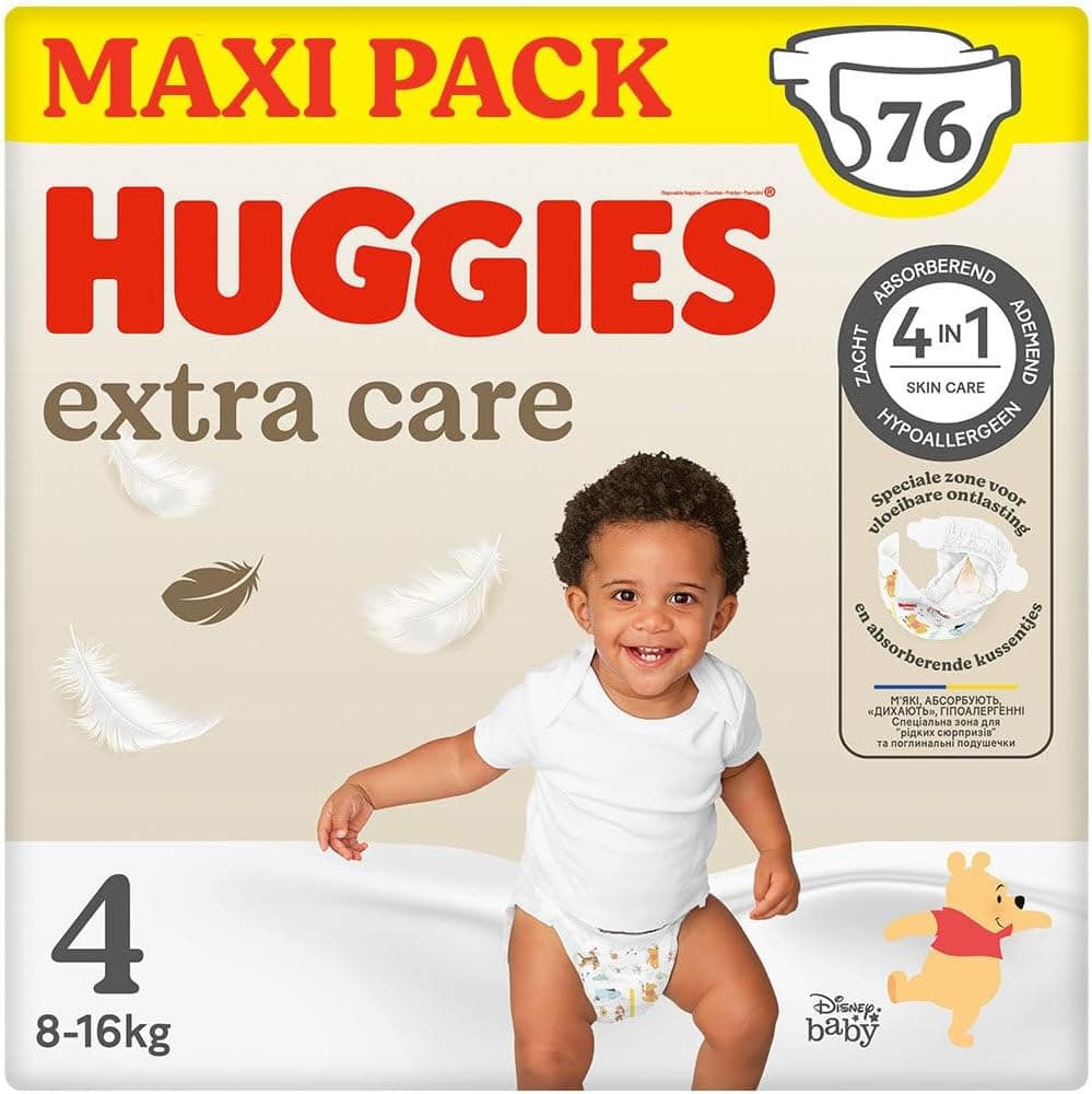 Huggies Extra Care Pañal para bebé con diseños Disney Talla 4 (8-14 kg), 2 packs x 38 pañales, 76 pañales con almohadillas extra suaves que cuida de la piel del bebé