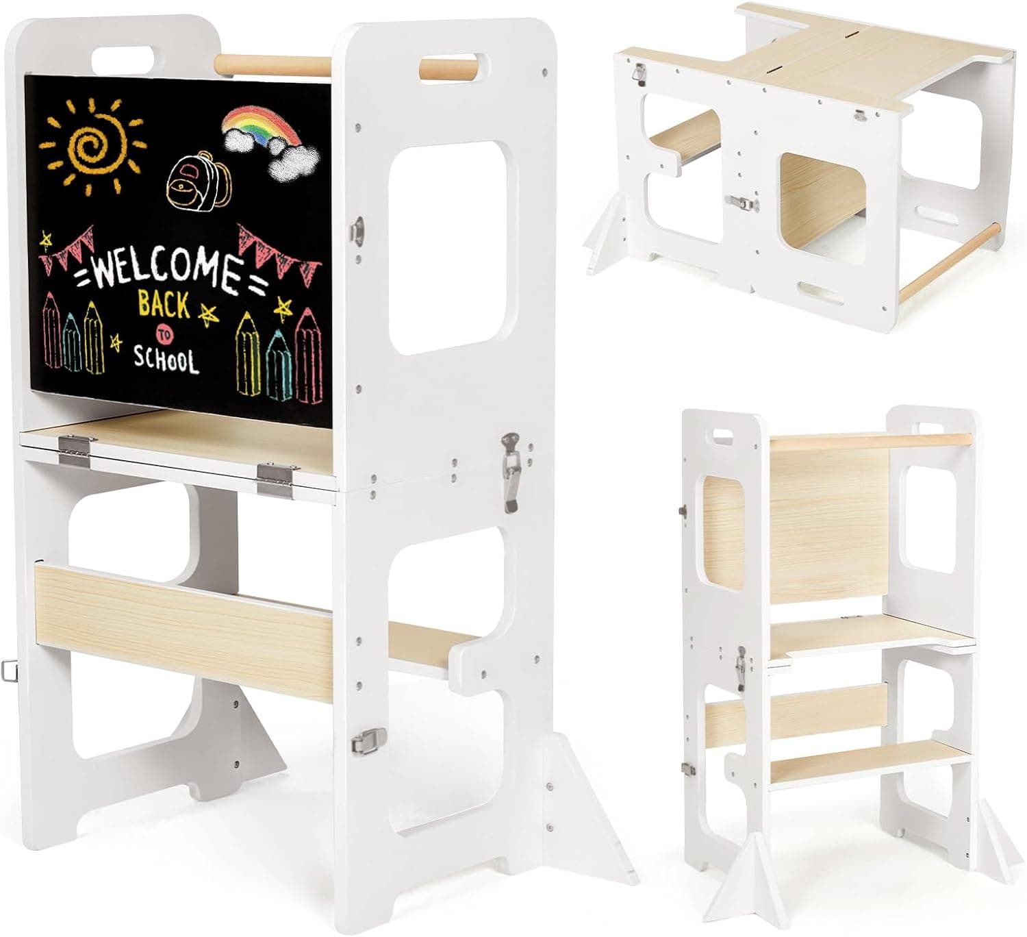 Labebe Torre de Aprendizaje, Montessori Torre Plegable per niño, Multifuncional Learning Tower con Pizarra, 3 en 1 Torretta Torre de Aprendizaje a Partir de 1 Año-Blanco y Madera