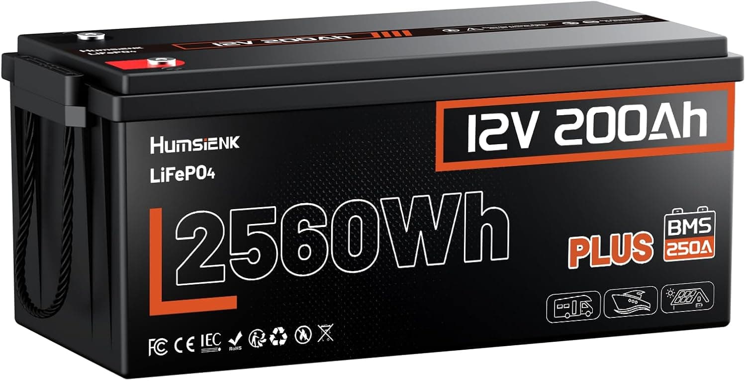 Humsienk Batería Litio 12V 200Ah Plus– Batería Solar LiFePO4 de Ciclo Profundo con BMS 250A, 3200W Salida Continua, IP65 y Certificación CE/UN38.8 para Sistemas Solares, RV y Energía Residencia