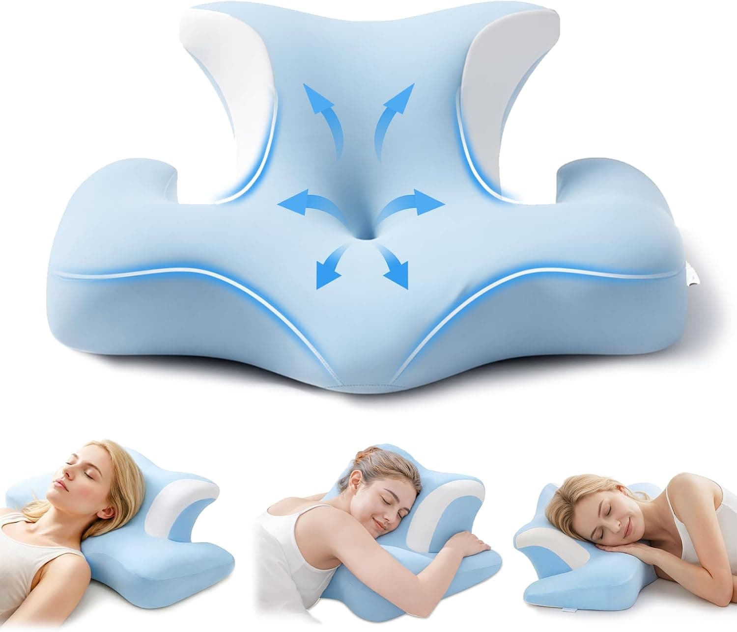 COSYLAND Almohada Cervicales y Cuello - Ergonómica para Dormir de Lado, Boca Arriba o Abajo, Espuma Viscoelástica, Diseño con Espacio para Orejas y Brazos, Funda Transpirable, 64×48×24 cm, Azul Cielo