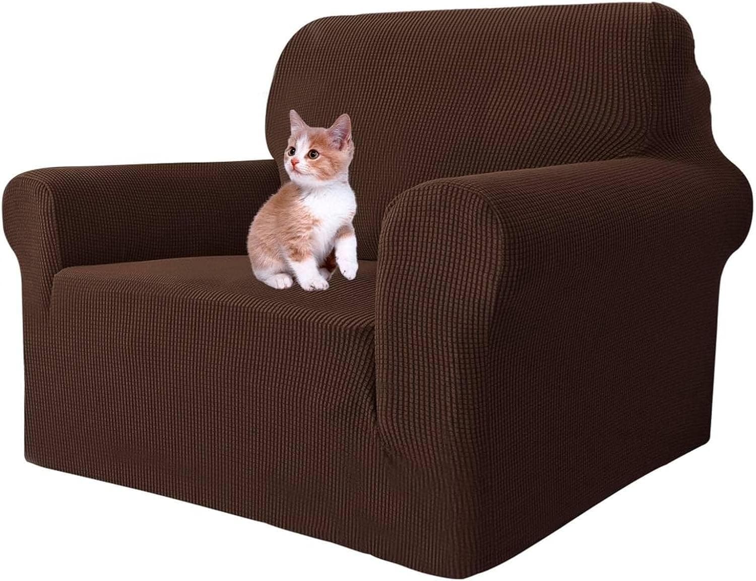MAXIJIN Funda Super Elástica para Silla de Sala, 1 Pieza Universal con Brazos, Jacquard Spandex, Protector Amigable con Mascotas (1 Plaza, Café)