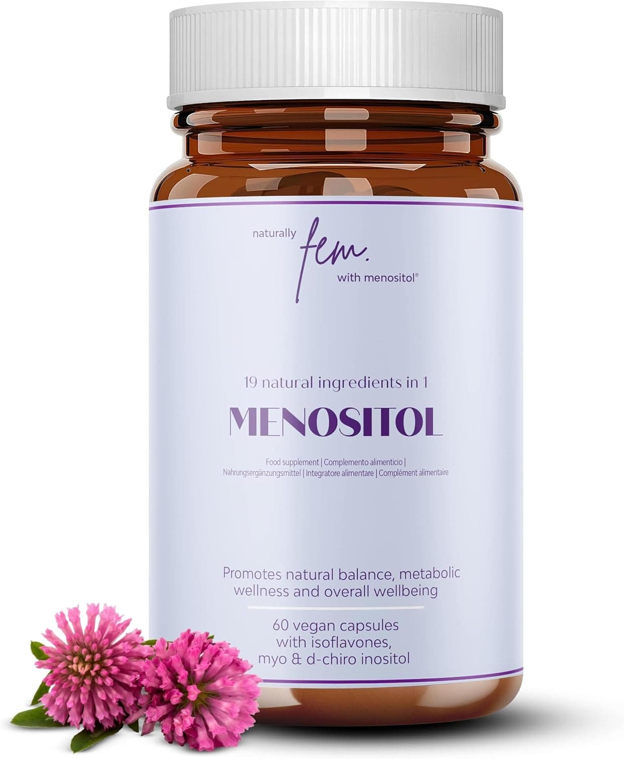 Inositol FEM Menositol 19 en 1 – Suplemento Integral para la Menopausia con Myo-Inositol, D-Chiro e Isoflavonas Naturales – Alivio de Sofocos y Síntomas Menopáusicos – Vitaminas Menopausia Mujer