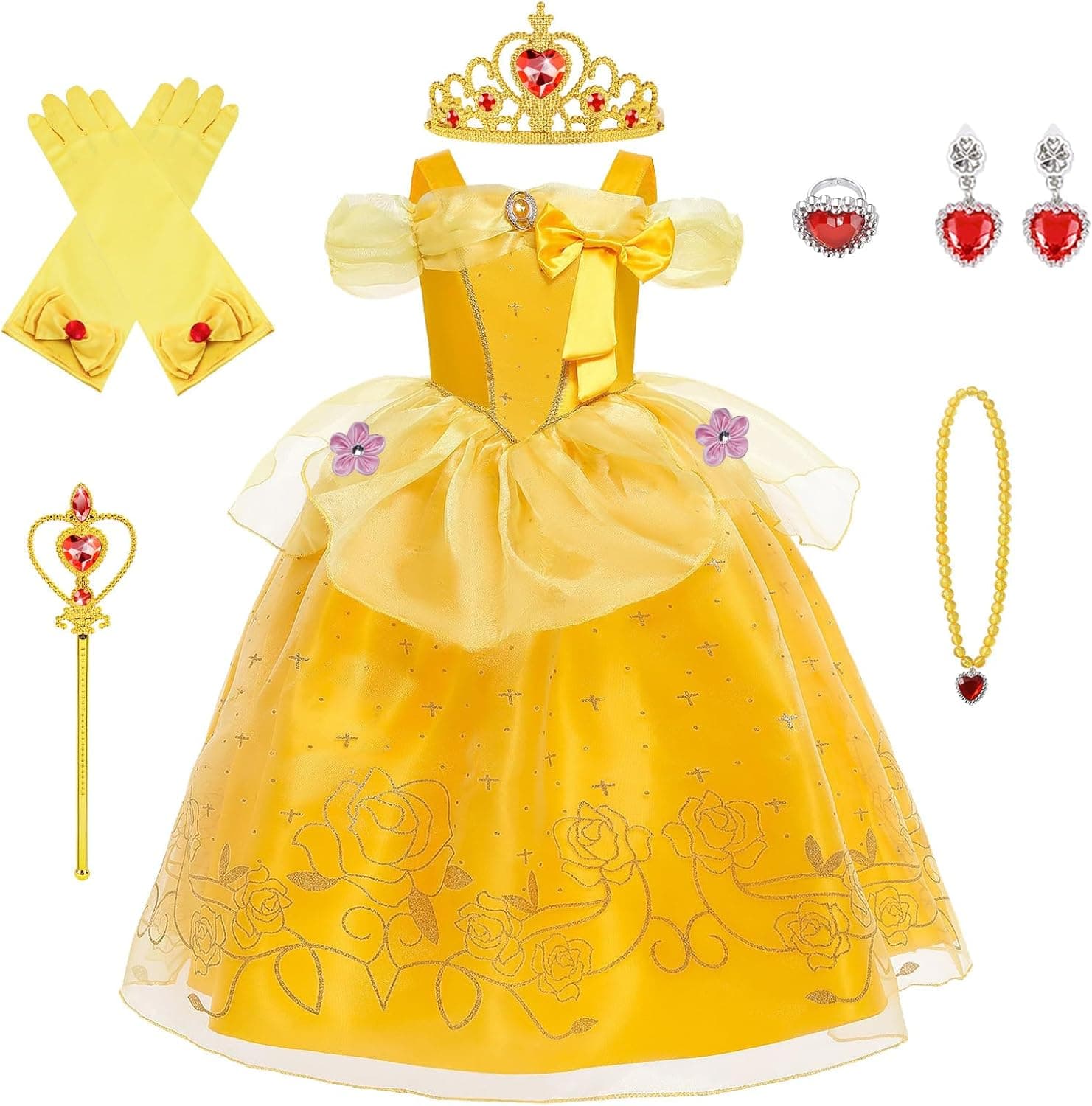 Disfraz Princesa Bella Niña, Vestido Bella y Bestia Niña Clásico Con Gran Arco y Accesorios para Fiesta Cosplay Cumpleaños Navidad, 130cm