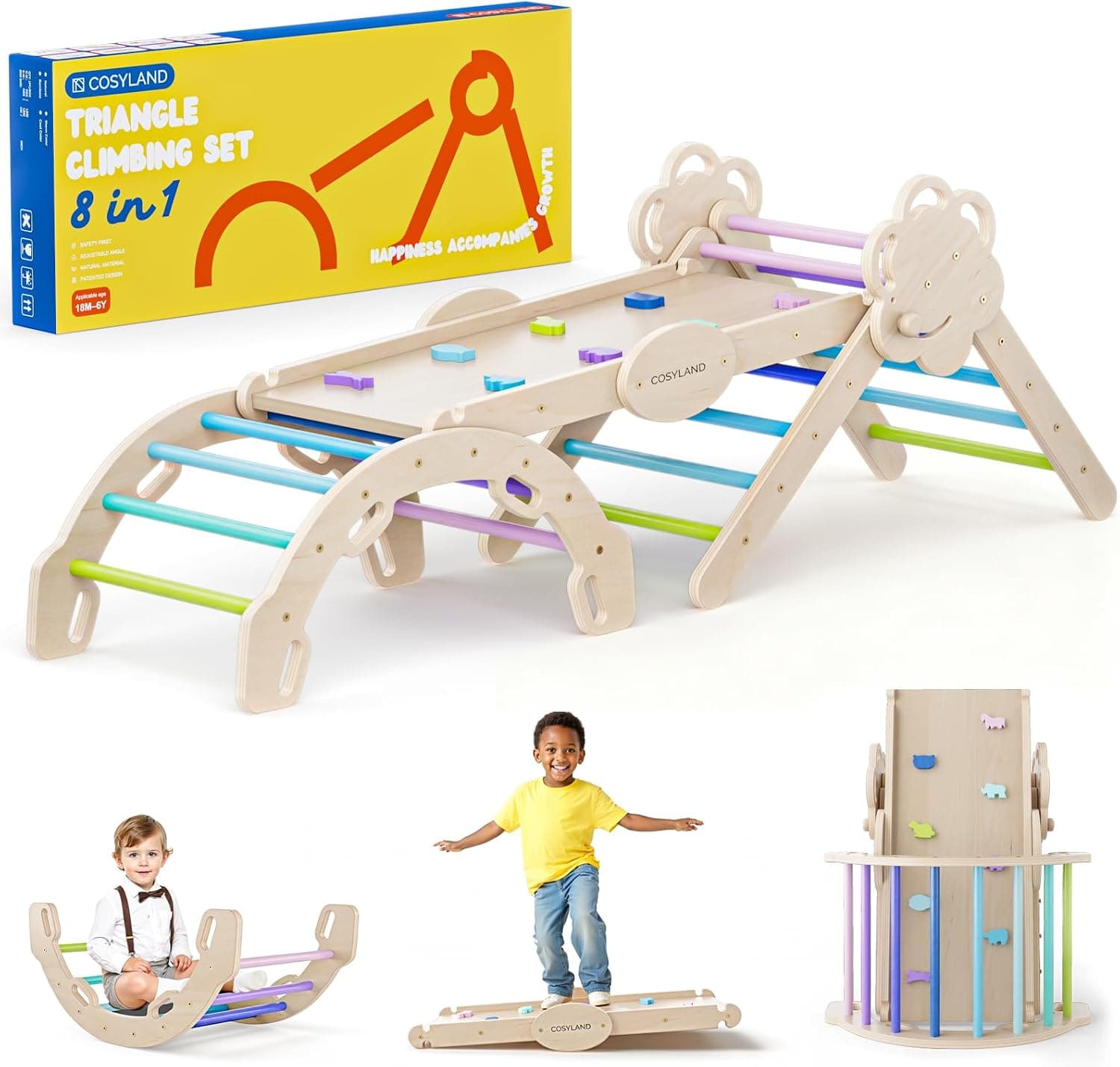 COSYLAND 8 en 1 Triángulo de Escalada Montessori con Arco y Rampa, Set Plegable Infantil, Juguete de Madera Resistente para Interior, Niños 18 Meses-6 años, Natural/Colores Fríos, Grande