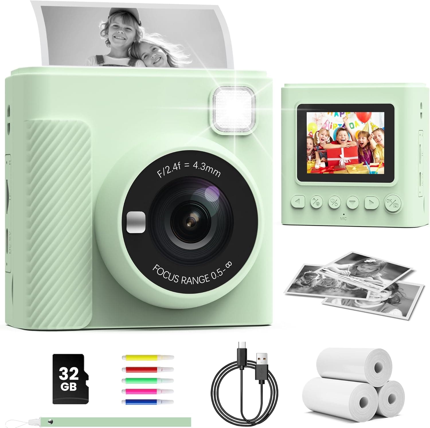 TIATUA Cámara Fotos Infantil Instantánea, 2,4" Selfie 1080P, Verde