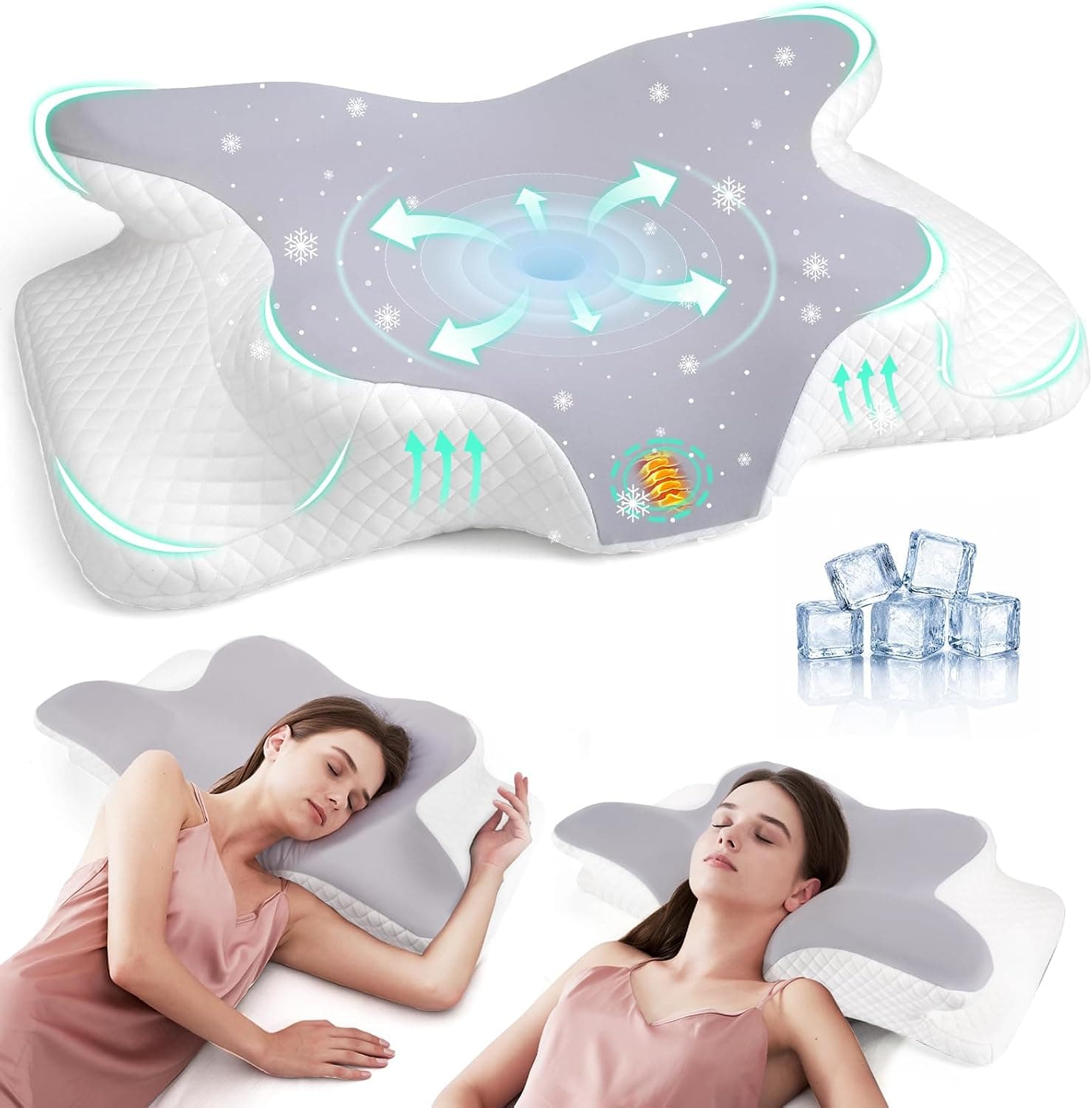 Almohada Cervicales y Cuello, Almohada Cervical Viscoelástica para Cervicales, Tejido Refrescante, Almohada Antirronquidos para Dormir de Lado, Boca Arriba y Boca Abajo, Color Gris Medio