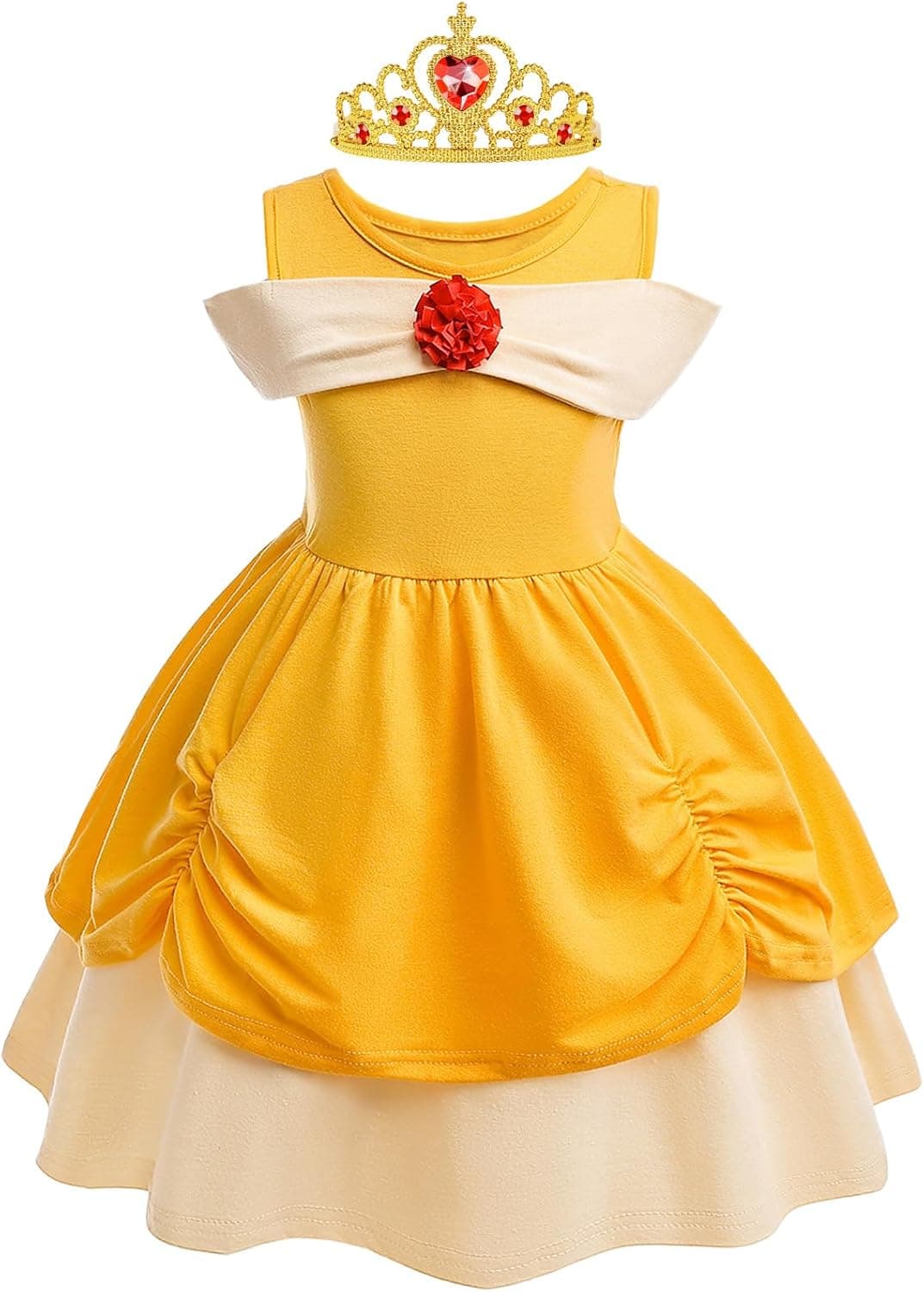 Disfraz Princesa Bella Niña, Vestido Bella y Bestia Niña Mangas Cortas con Corona, Disfraz Princesa Niña para Fiesta Cosplay Cumpleaños Navidad, 100cm