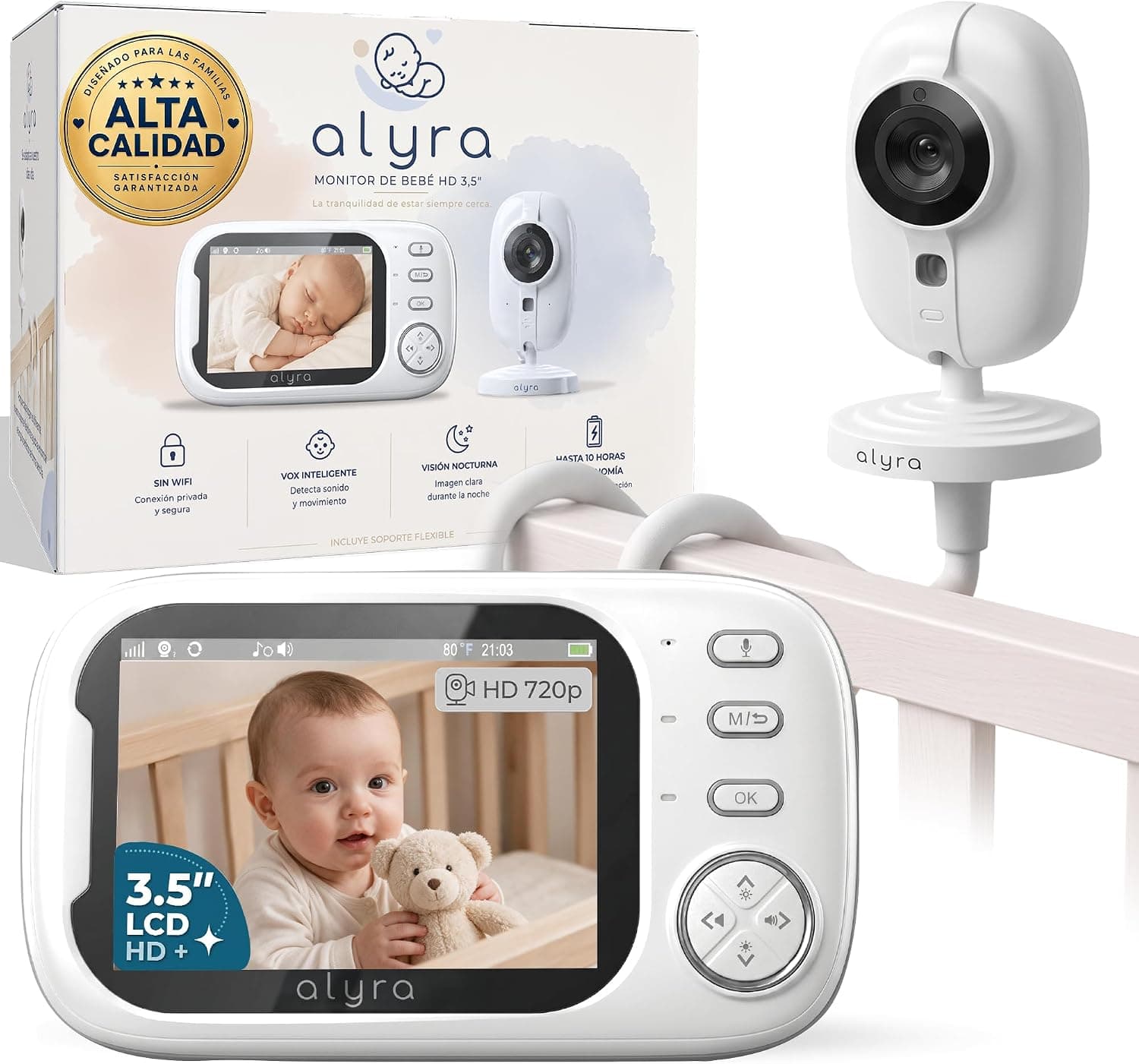 ALYRA® Super Pack De Camara Vigilancia Bebe 720pHD + Soporte Camara Vigilancia Bebe Premium | Baby Monitor 3,5" | Camara Bebe con Tecnologia VOX +100h Bateria | Sin WiFi | Vigilabebes con Camara