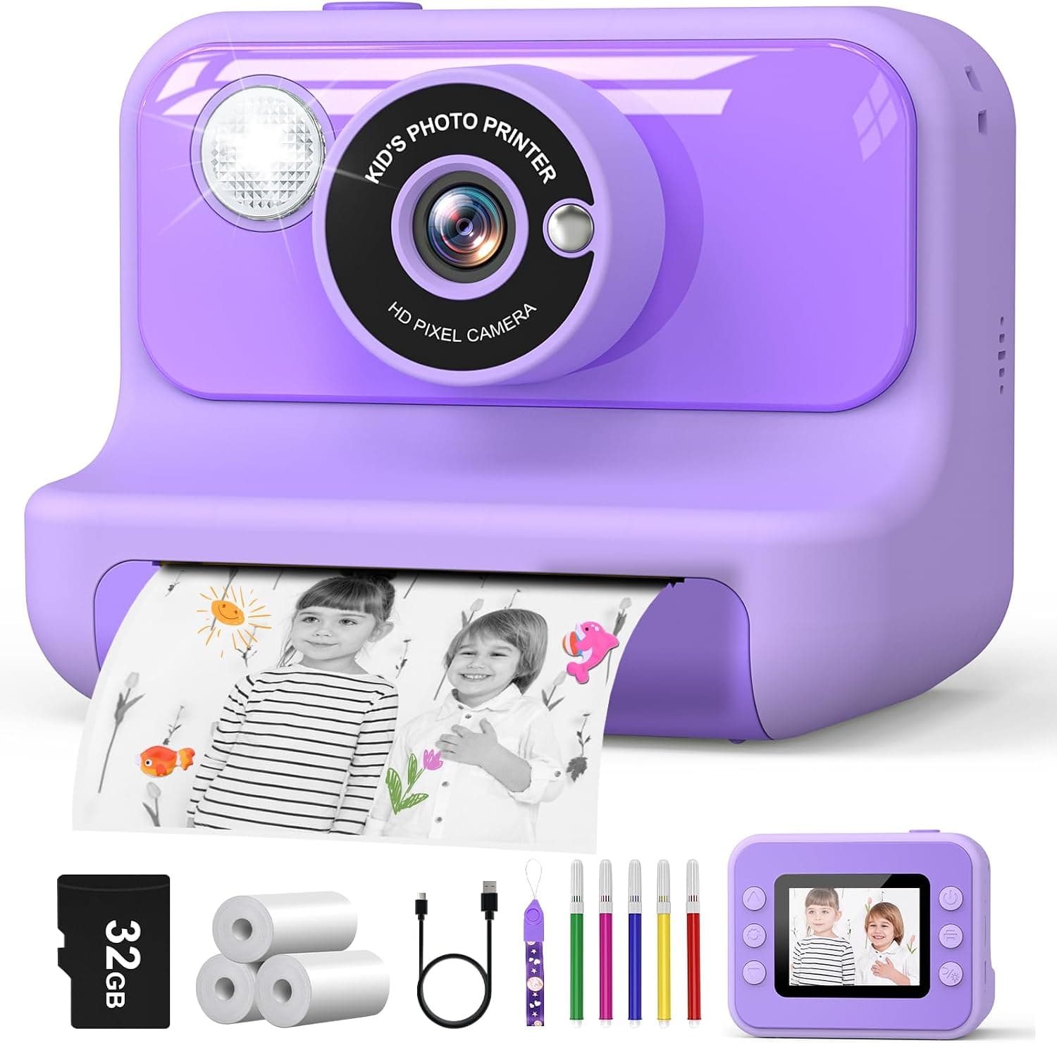 Hangrui Camara Fotos Infantil Instantanea, 2,4 Pulgadas Camara Fotos Infantil con Tarjeta de 32G, 1080P Cámara Instantánea para Niños con Papel de Impresión y Bolígrafos de Colores, Regalos Juguete