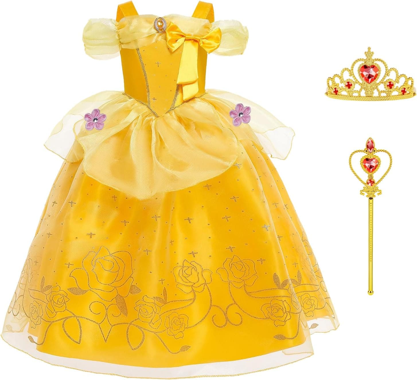 Disfraz Princesa Bella Niña, 3pcs Vestido Bella y Bestia Niña Clásico Con Gran Arco y Accesorios para Fiesta Cosplay Cumpleaños Navidad, 120cm