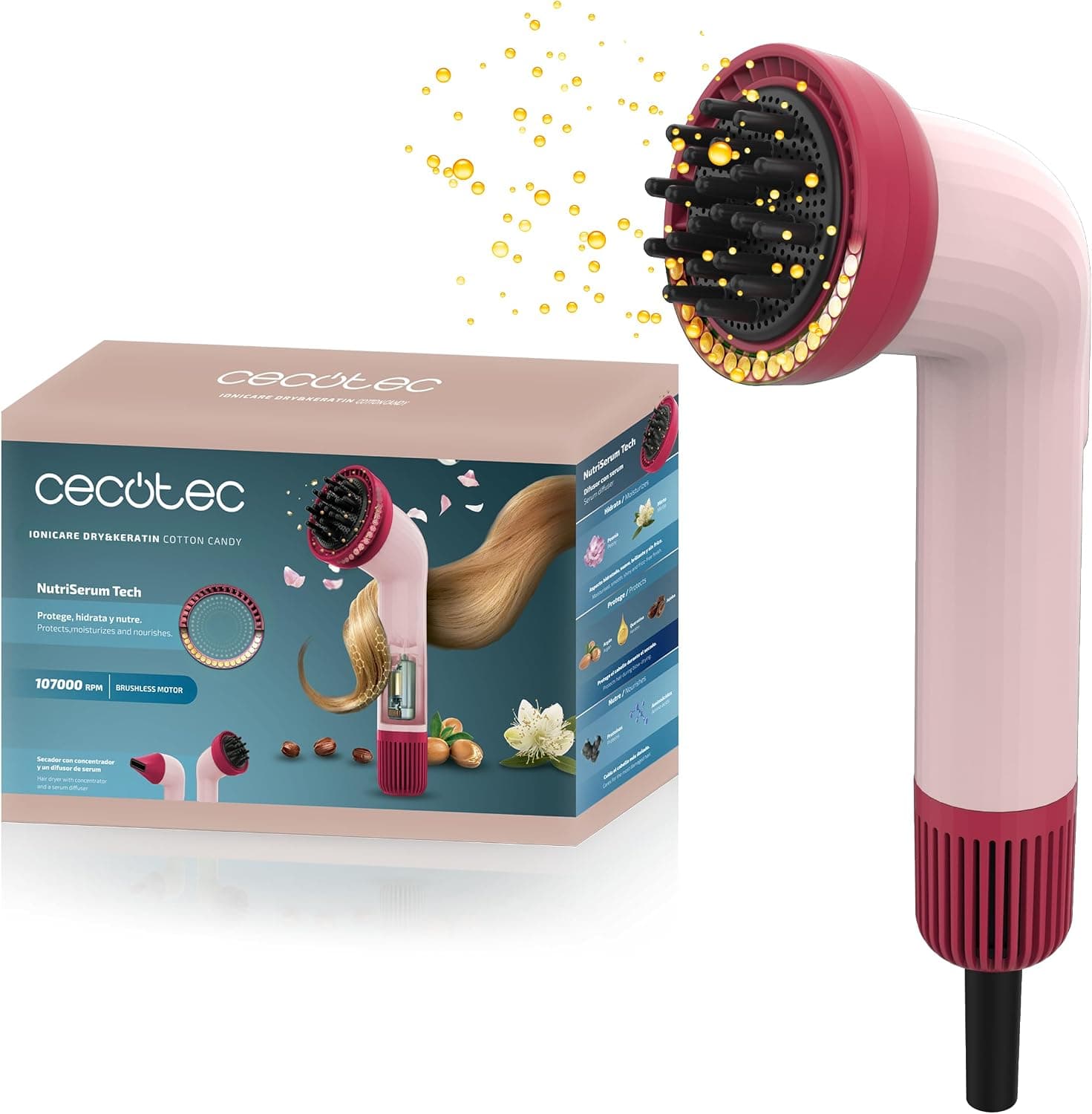 Cecotec Secador de Pelo Compacto IoniCare Dry&Keratin Cotton Candy. 1200W, 107000RPM, Motor Brushless, Función Iónica, Cabezal con Tecnología NutriEssence y Púas Duras, Cabezal Concentrador, Rosa