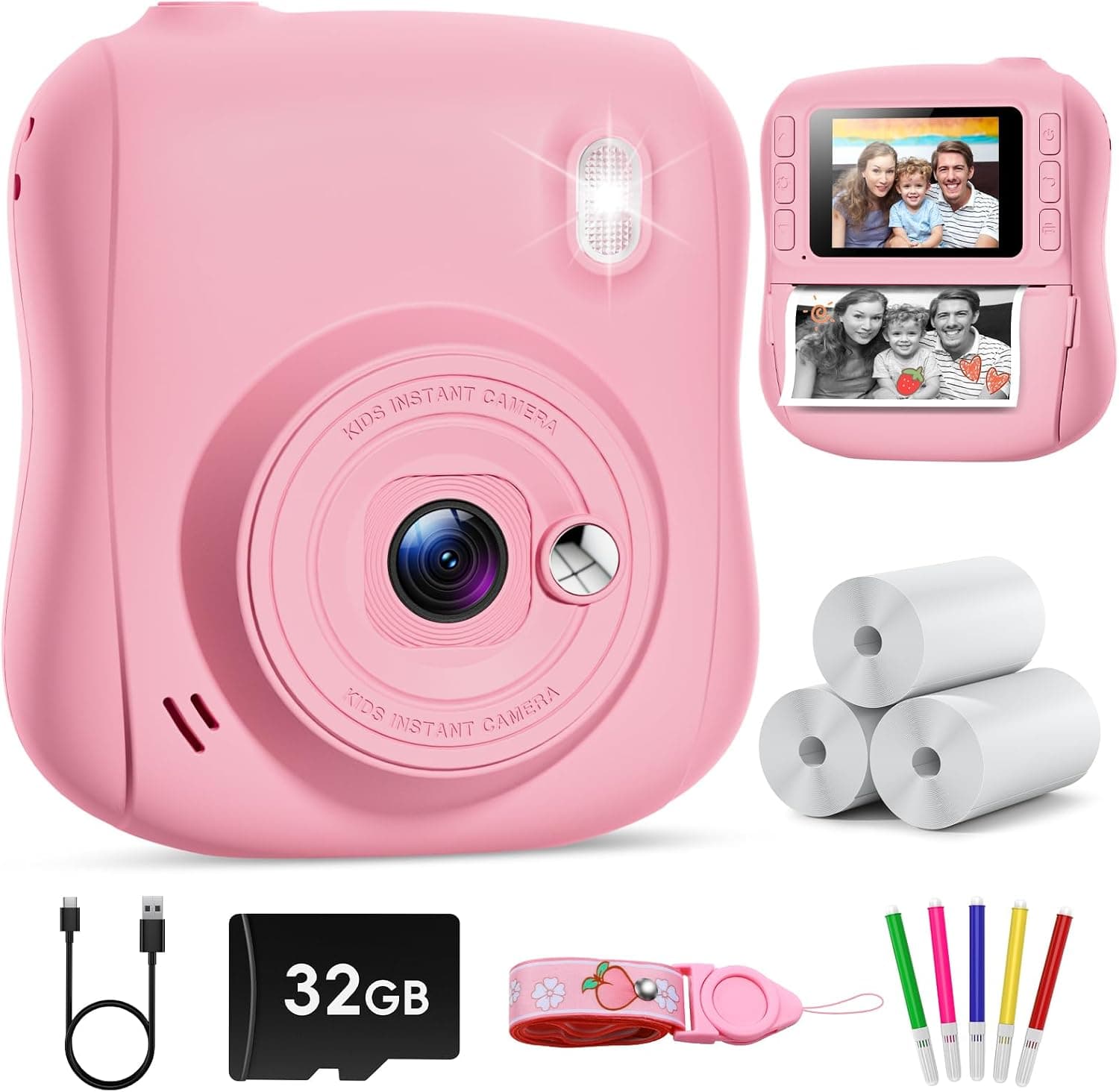 Hangrui Camara Fotos Infantil Instantanea, 1080P Camara Fotos Infantil, Cámara Instantánea para Niños con Tarjeta de 32GB,Papel de Impresión y Bolígrafos de Colores, Regalos Juguete-Rosa