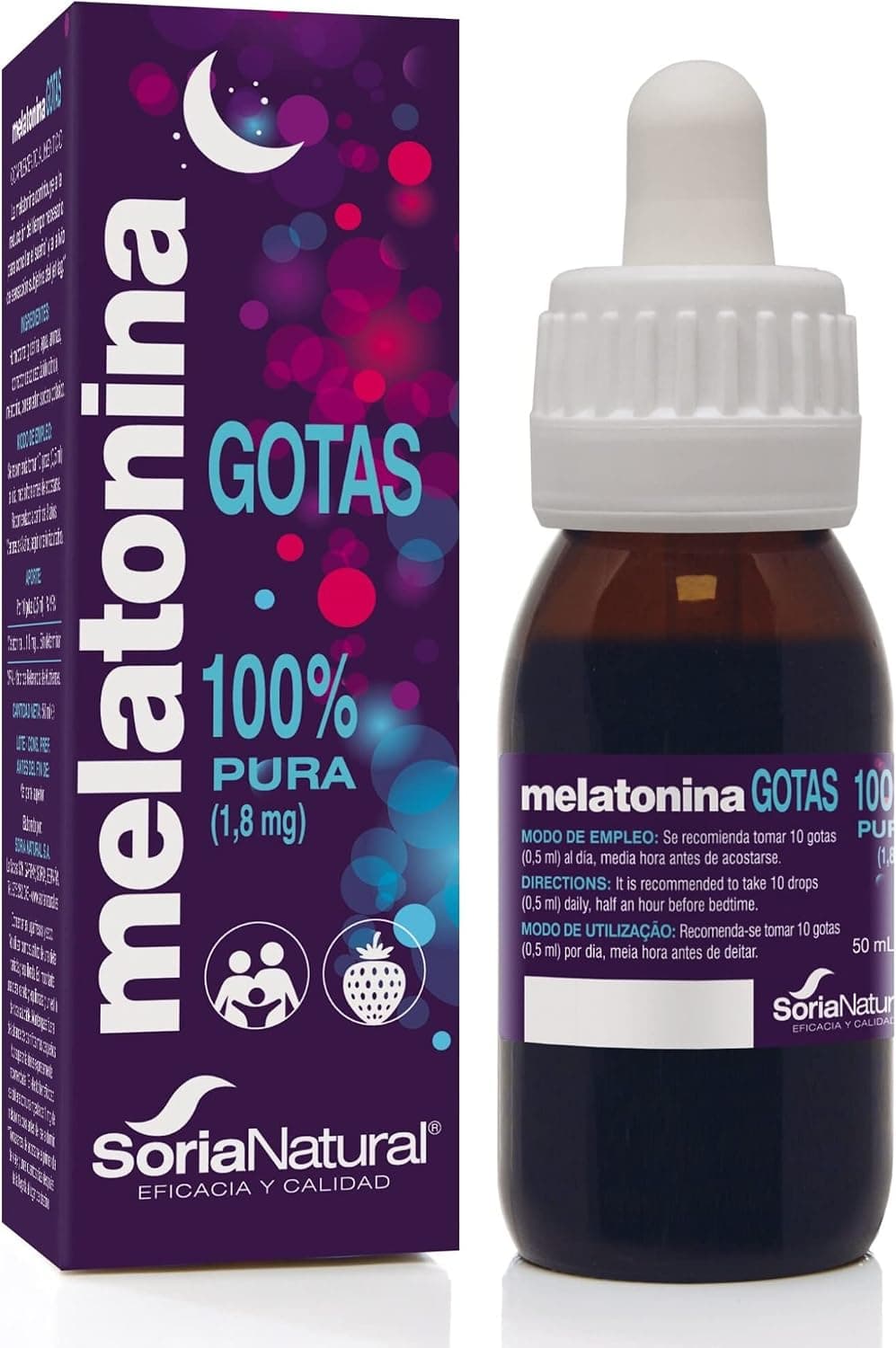 Soria Natural Melatonina Pura Gotas 1.8 mg - Sueño Melatonina Gotas para Dormir Profundamente, 100% Pura - Melatonina Niños y Adultos - Bote de 50ml