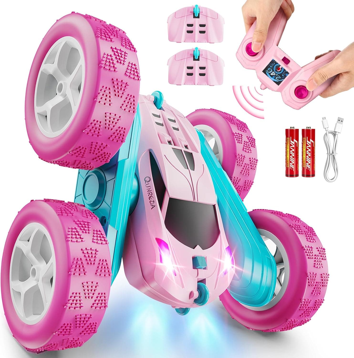 QUNREDA Coche Teledirigido RC Stunt Car 4WD 2,4 GHz – 360° Volteos, Luces LED, Baterías Modulares USB-C,Juguetes para Niños 6-12 Años, Regalo de Cumpleaños (Rosa)