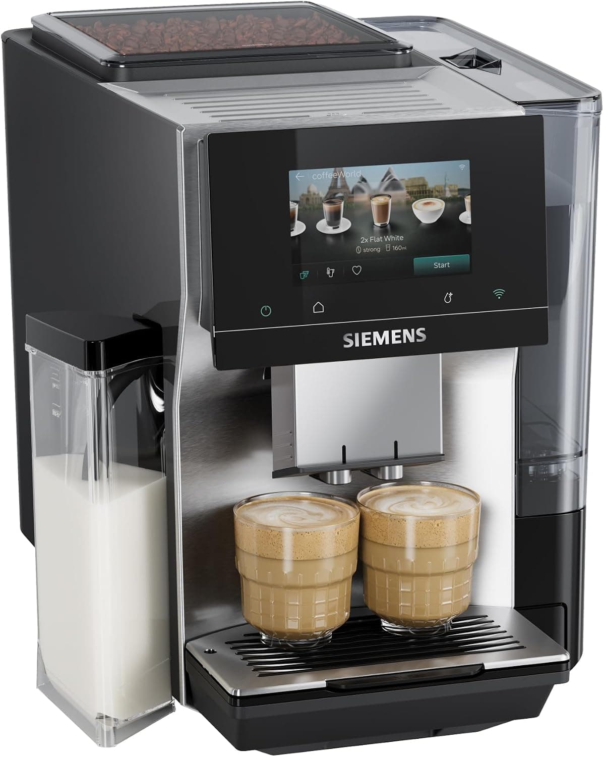 SIEMENS, Cafetera Superautomática, EQ700 iAroma, pantalla táctil, depósito de leche integrado, calentador de tazas, Cold Brew y Slow Brew, app Home Connect, acero inoxidable negro, TQ727E03