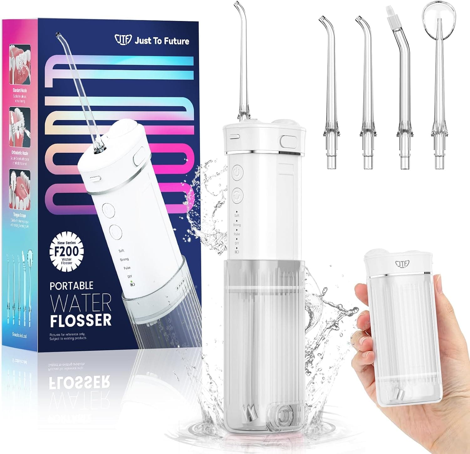 JTF Irrigador Bucal Mini, Portátil Dental Limpieza Eléctrica Inalámbrico Viaje con 5 Boquillas, 4 Modos de Pulso, 230 ML Depósito de Agua Retráctil, IPX7 Resistente Al Agua (Blanco)