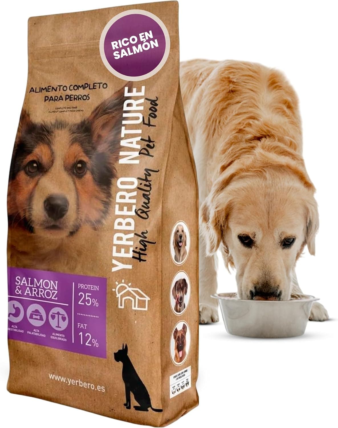 Yerbero Nature Salmón y Arroz Comida para Perros de Tamaño Mediano y Grande, Comida Premium de Alta Digestibilidad Rica en Salmón, Ingredientes para Nutrición Óptima 10kg