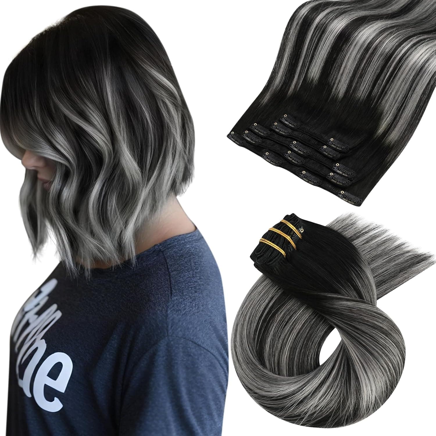 Moresoo Extensiones de Clip de Pelo Natural Negro y Gris Extensiones Clip Remy Cabello Humano Extensiones de Pelo Natural Clip Liso 25cm 5pcs 70g #1B/S/1B