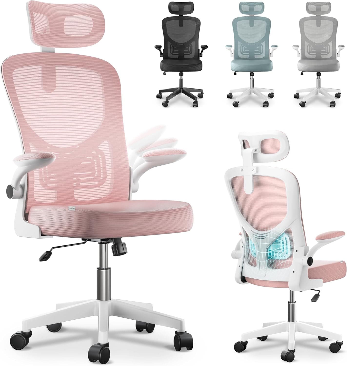 JUPPLIES Silla Escritorio Ergonómica - Silla Oficina Ajustable y Reclinable con Soporte Lumbar, Reposacabezas Ajustable, Reposabrazos Plegables, Malla Transpirable, Ruedas 360°, Soporta 120 kg