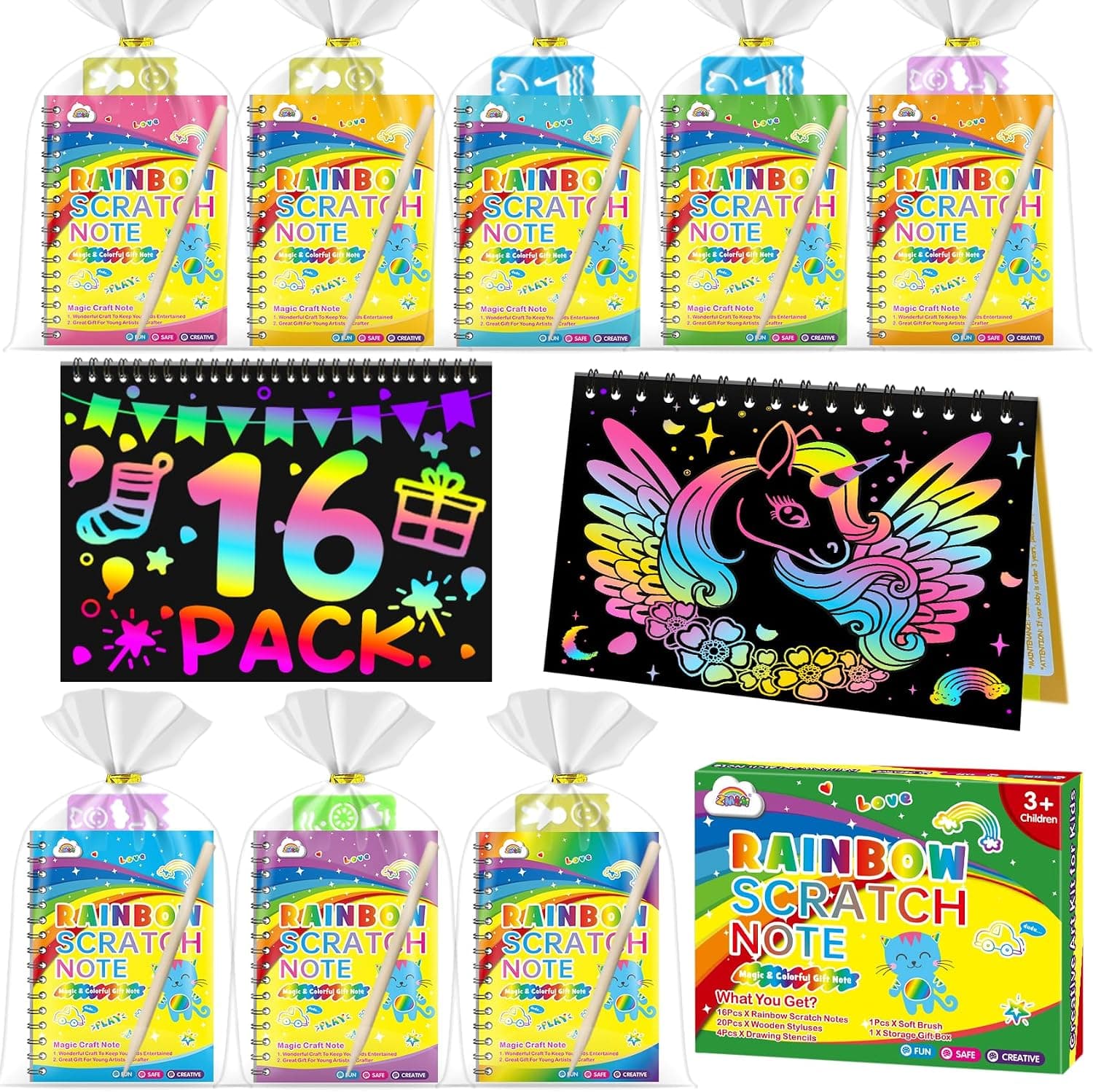 ZMLM Scratch Papel Art, 16Libretas Scratch 16 Lápices de Madera, 16 Plantillas de Dibujo-Regalos Cumpleaños Niños Colegio-Detalles Cumpleaños niños- Regalos para Alumnos Primaria