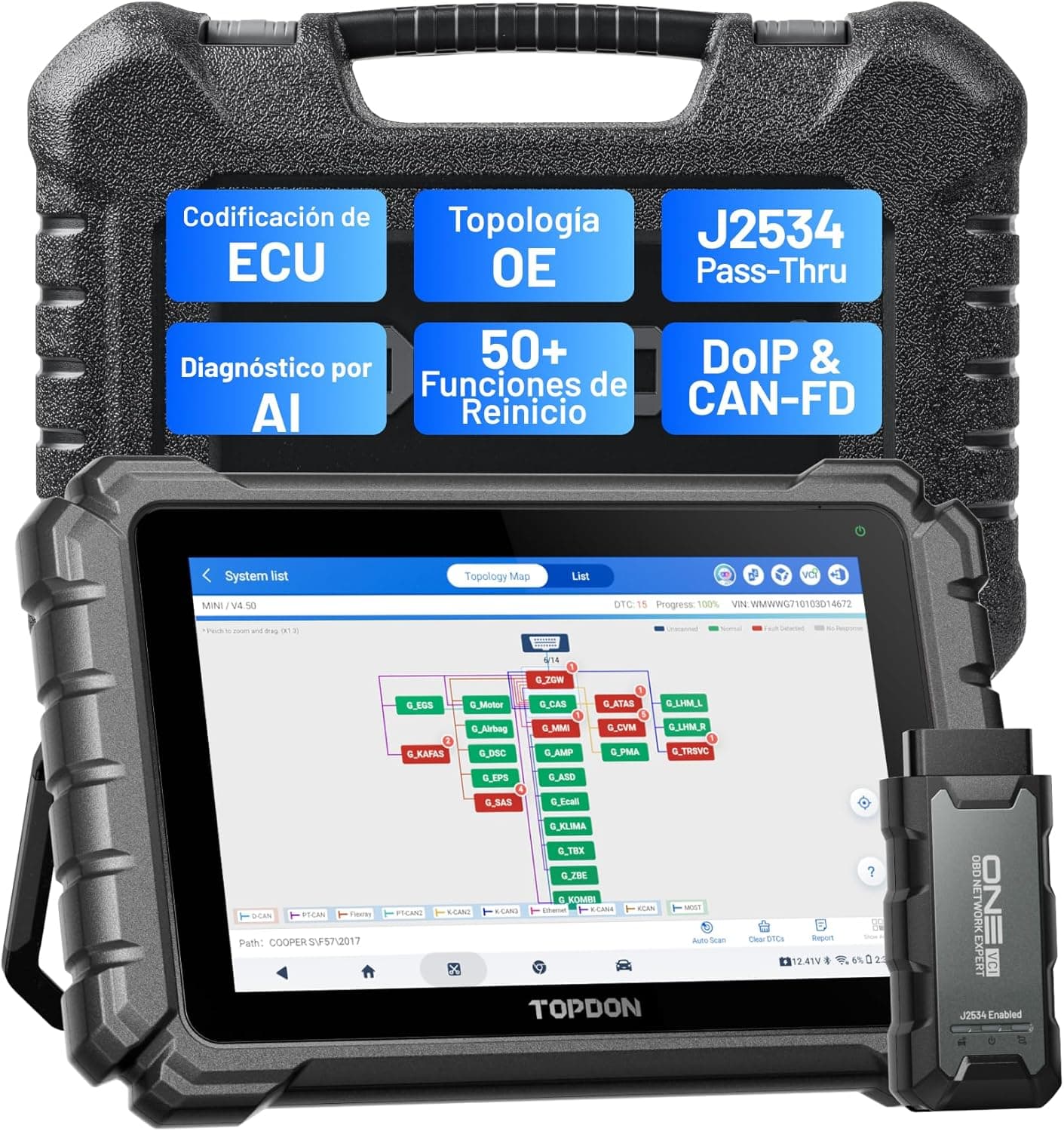 TOPDON ONE 10.1" Bidireccional OBD2 Diagnosis, Passthru J2534, Codificación ECU y Más de 50 Servicios, Diagnosis Coche multimarca de Sistema Completo con TopFix AI, Topología OE, Acceso FCA/Renault/VA