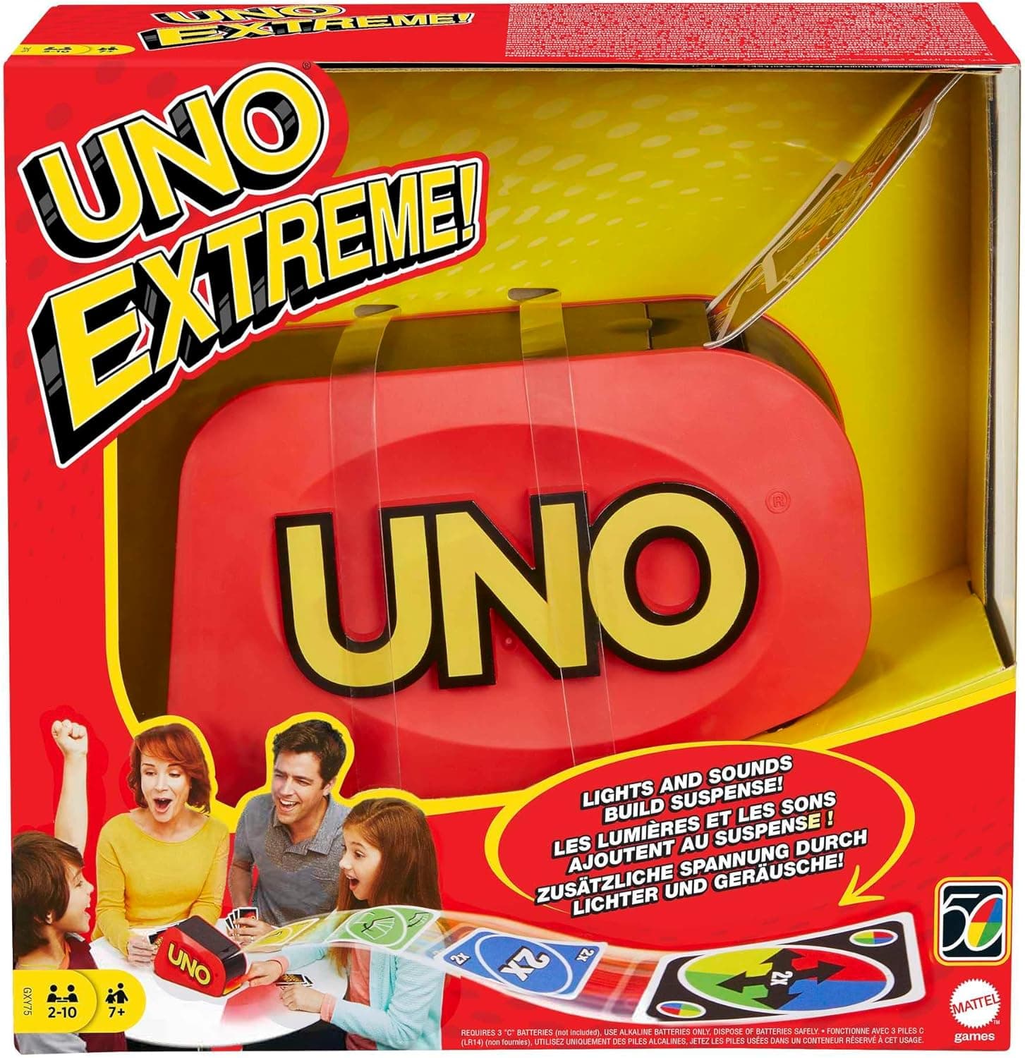 Mattel Games UNO Extreme - Juego de Cartas Familiar con Lanzador - con Luz y Sonido - 112 Cartas - De 2 a 10 Jugadores - Regalo para Niños de 7+ Años y Adultos, GXY75