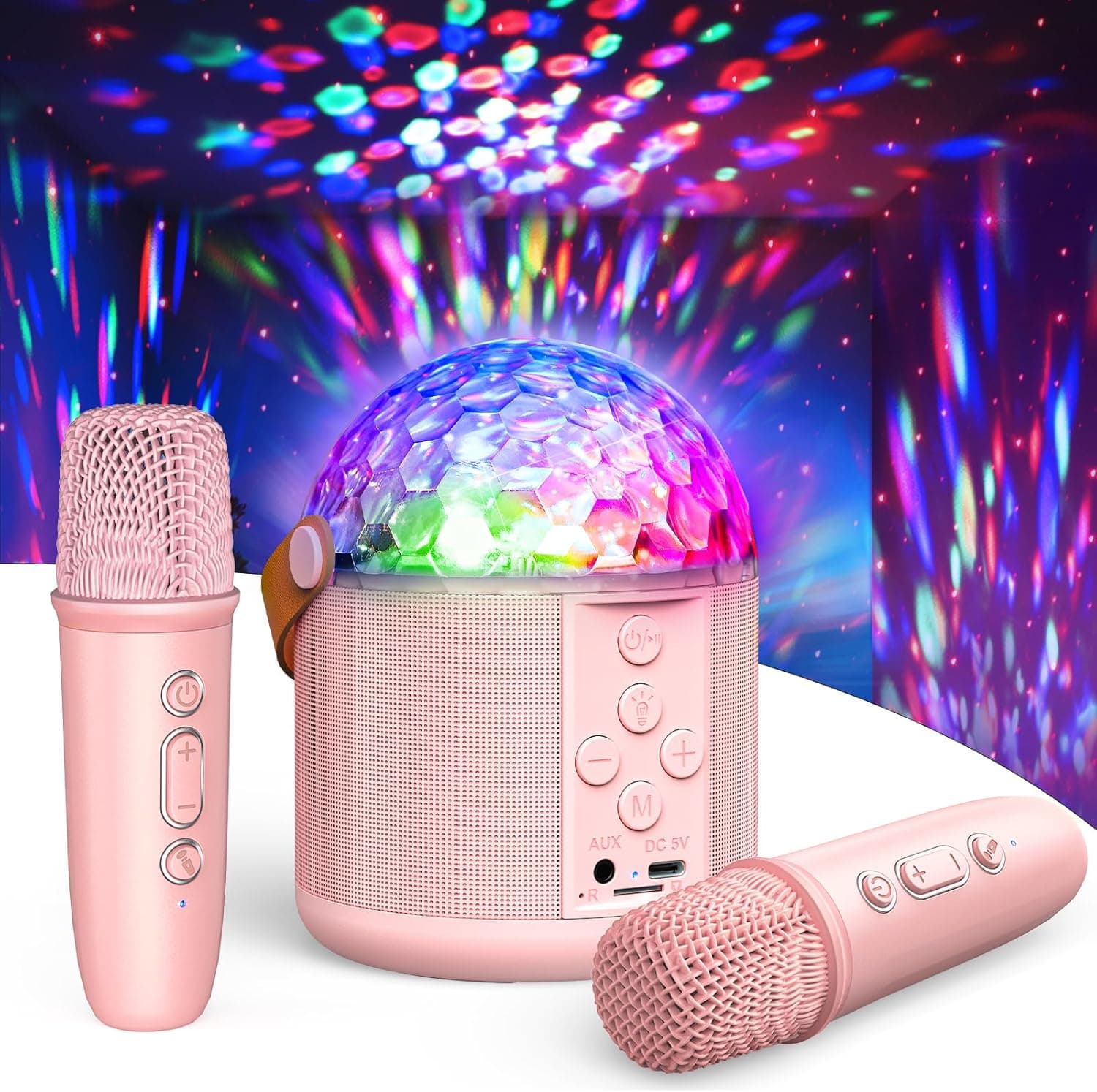 Karaoke Infantil 2 Microfonos Inalambricos, Regalo Niña 5 6 7-12+ Años, Luces LED Discoteca, Microfono Karaoke Adultos Infantil Juguetes, Karaoke Portatil para Fiestas en Casa - Regalo Navidad Niño